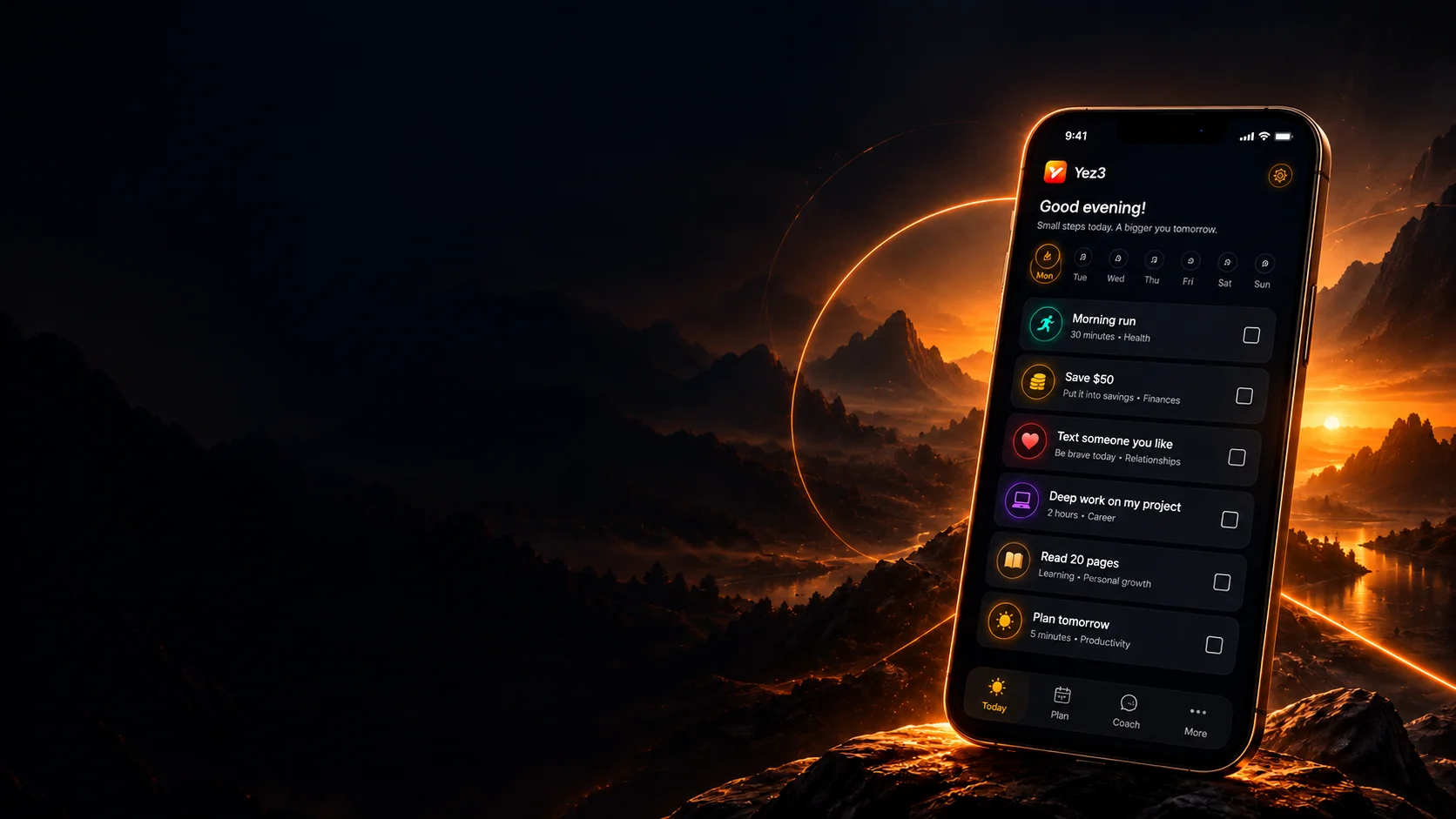 Yez3 daily planner on a phone overlooking an amber mountain sunrise