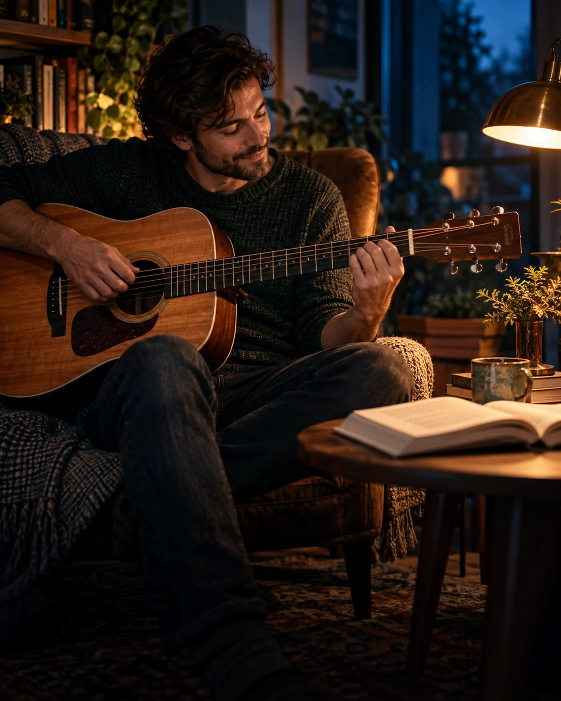 Playing acoustic guitar in a cozy reading nook