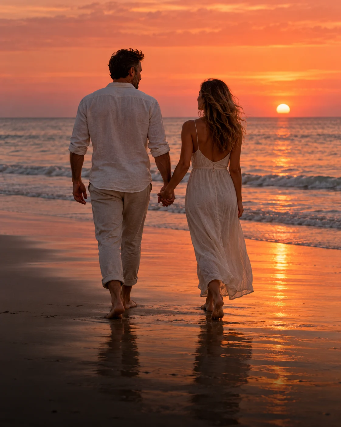 A couple walking hand in hand along the beach at sunset