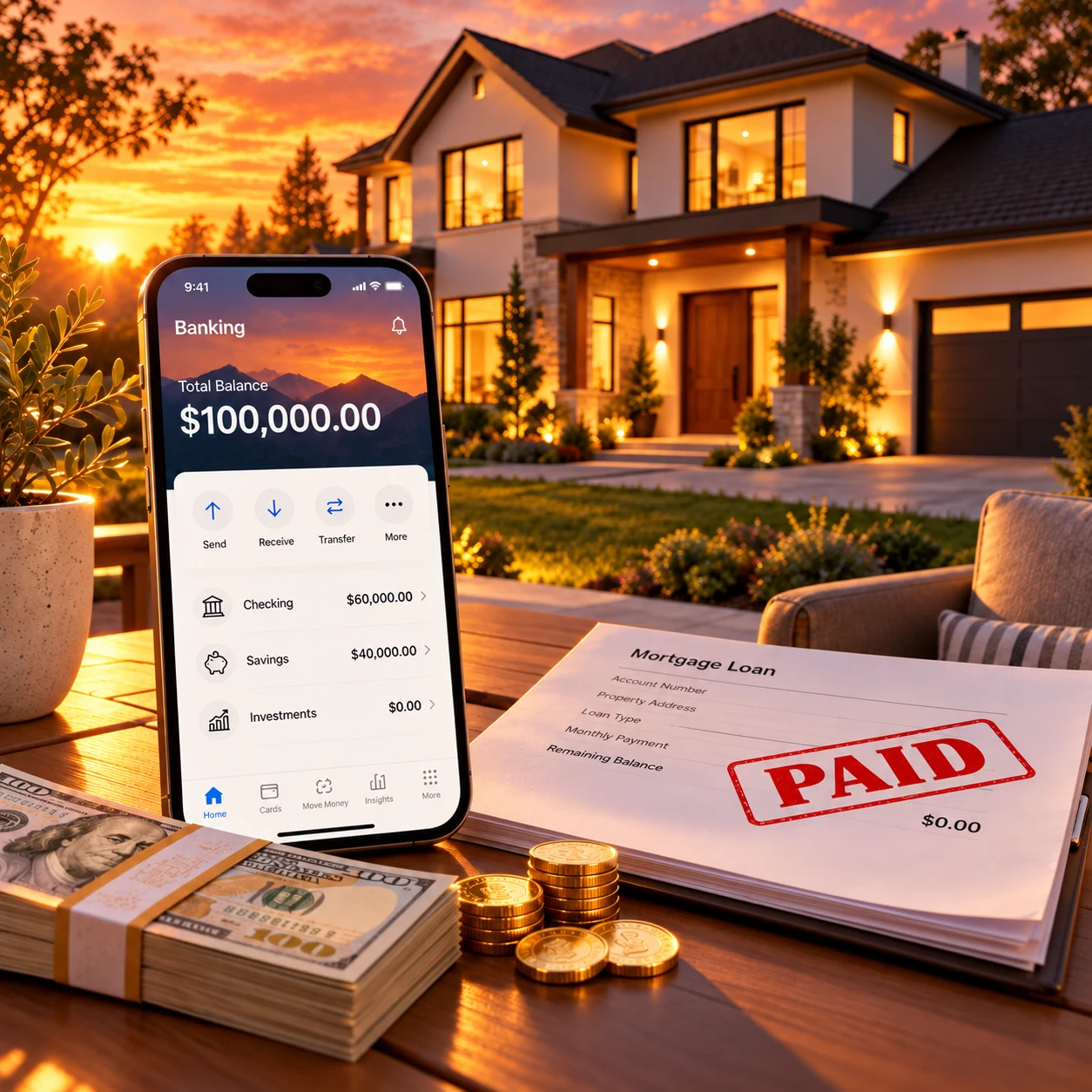 A home at sunset, a savings balance and a paid mortgage