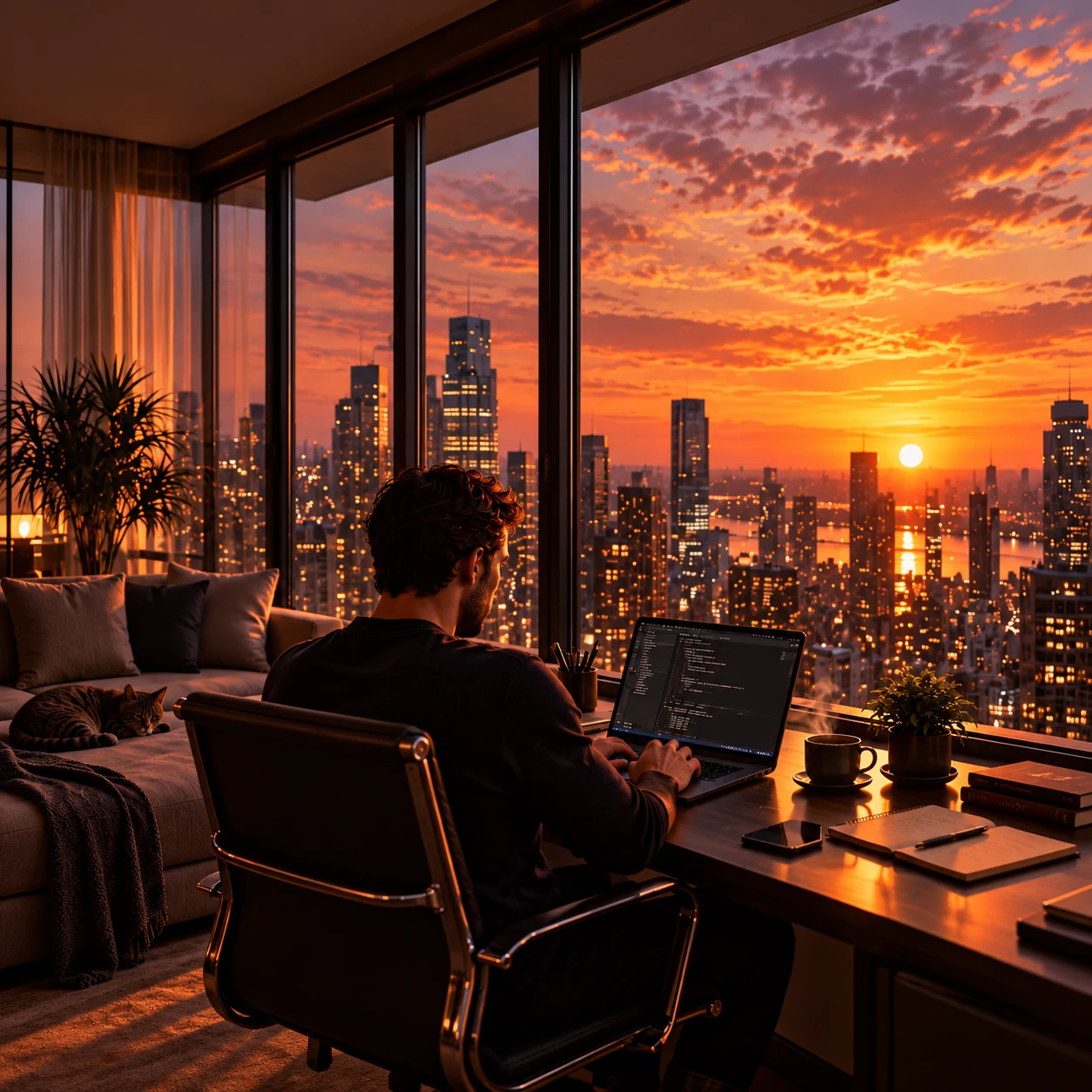 Working on a laptop overlooking the city at sunset